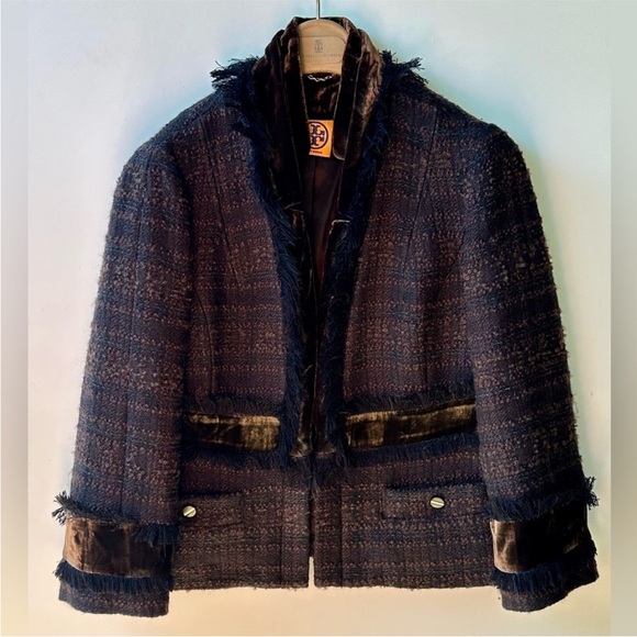 $830 Tory Burch Imera Twill Check Tweed Velvet Jacket Blazer Maroon Navy Black 8 - Picture 3 of 15